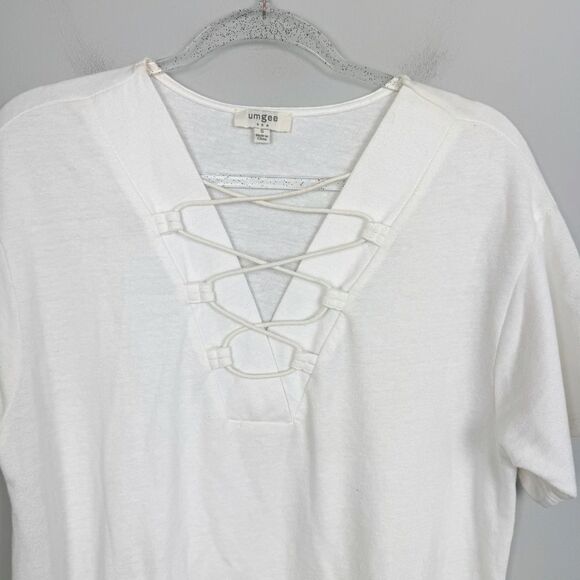 UMGEE | White Short Sleeve Elastic Cross Straps Dress Cover Up Women’s Size S - Picture 3 of 9